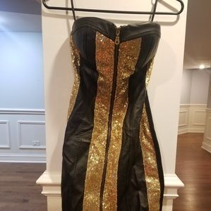 Strappless Black leather/gold sequin zipper dress